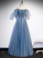 Bridesmaids Dresses For Beach Weddings, Blue Sweetheart Tulle Sequin Long Prom Dress, Blue Formal Dress, 1