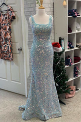 Pretty Prom Dress, Light Blue Iridescent Sequin Square Neck Mermaid Long Formal Dress