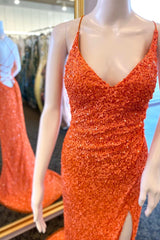 Summer Dress, Orange Sequin Lace-Up Mermaid Long Formal Dress with Slit