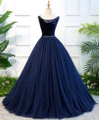 Party Dress Shiny, Dark Blue Tulle Long Prom Dress, Dark Blue Tulle Evening Dress