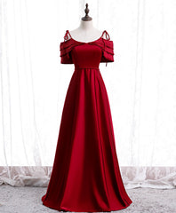 Formal Dresses Short, Burgundy Satin Beads Long Prom Dress, Burgundy Evening Dress