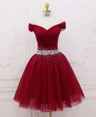 Party Dresses Halter Neck, Burgundy Tulle Sequin Short Prom Dress, Burgundy Homecoming Dress, 1
