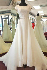 Wedding Dress With Strap, Delicate Round Neck Short Sleeves Sweep Train Lace Appliques Wedding Dresses