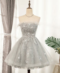 Party Dresses Summer, Gray Sweetheart Lace Tulle Short Prom Dress, Gray Cocktail Dress