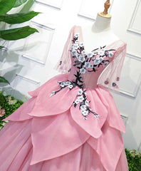 Slip Dress, Pink V Neck Tulle Lace Applique Long Prom Dress, Pink Evening Dress, 1