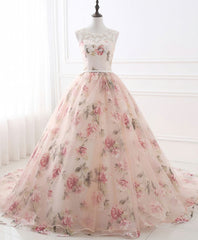 Party Dress Stores, Pink Round Neck Tulle Lace Long Prom Dress, Pink Long Evening Gown