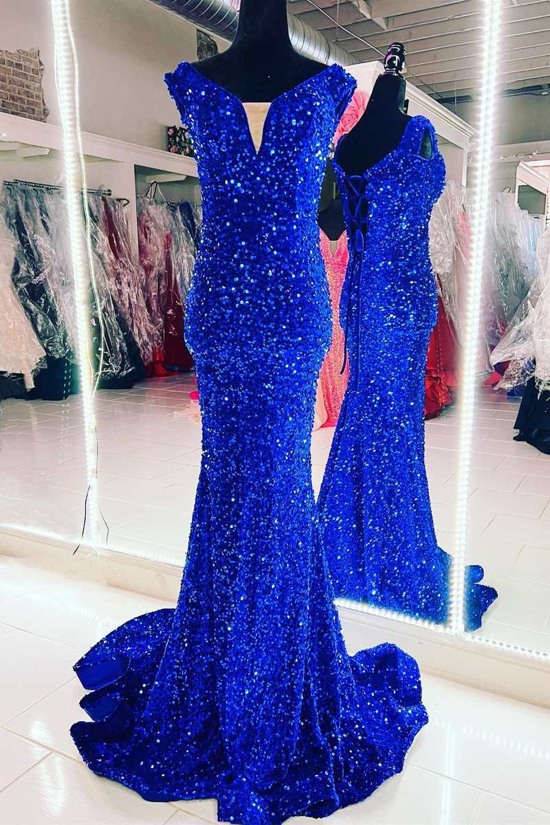 Prom Dresses For Girl, Blue Sequin V-Neck Lace-Up Mermaid Long Formal Dress