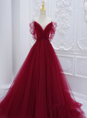 Formal Dress For Wedding Guests, Wine Red Tulle V-Neckline Off Shoulder With Bow, Wine Red Tulle Long Prom Dress