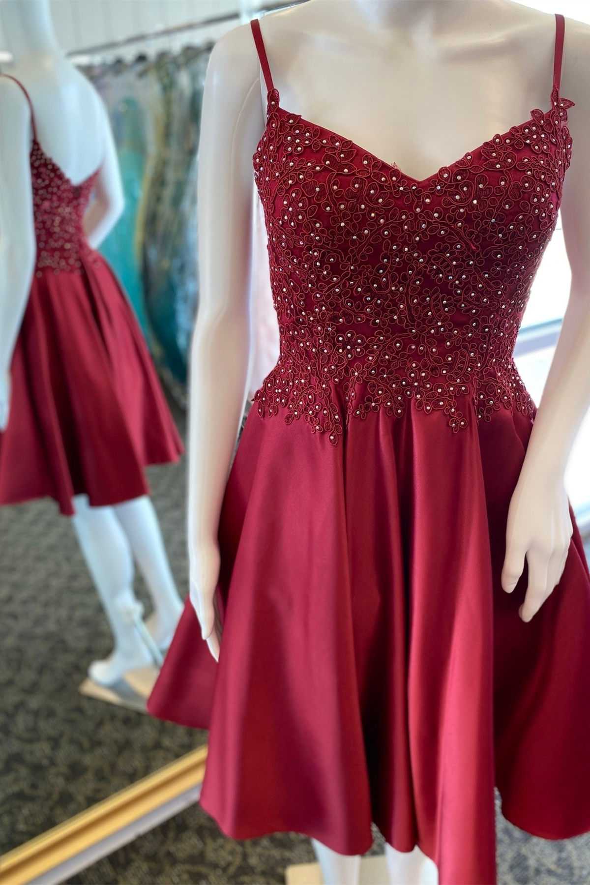 Prom Dresses Brown, A-Line Wine Red Beaded V-Neck Homecoming Dress