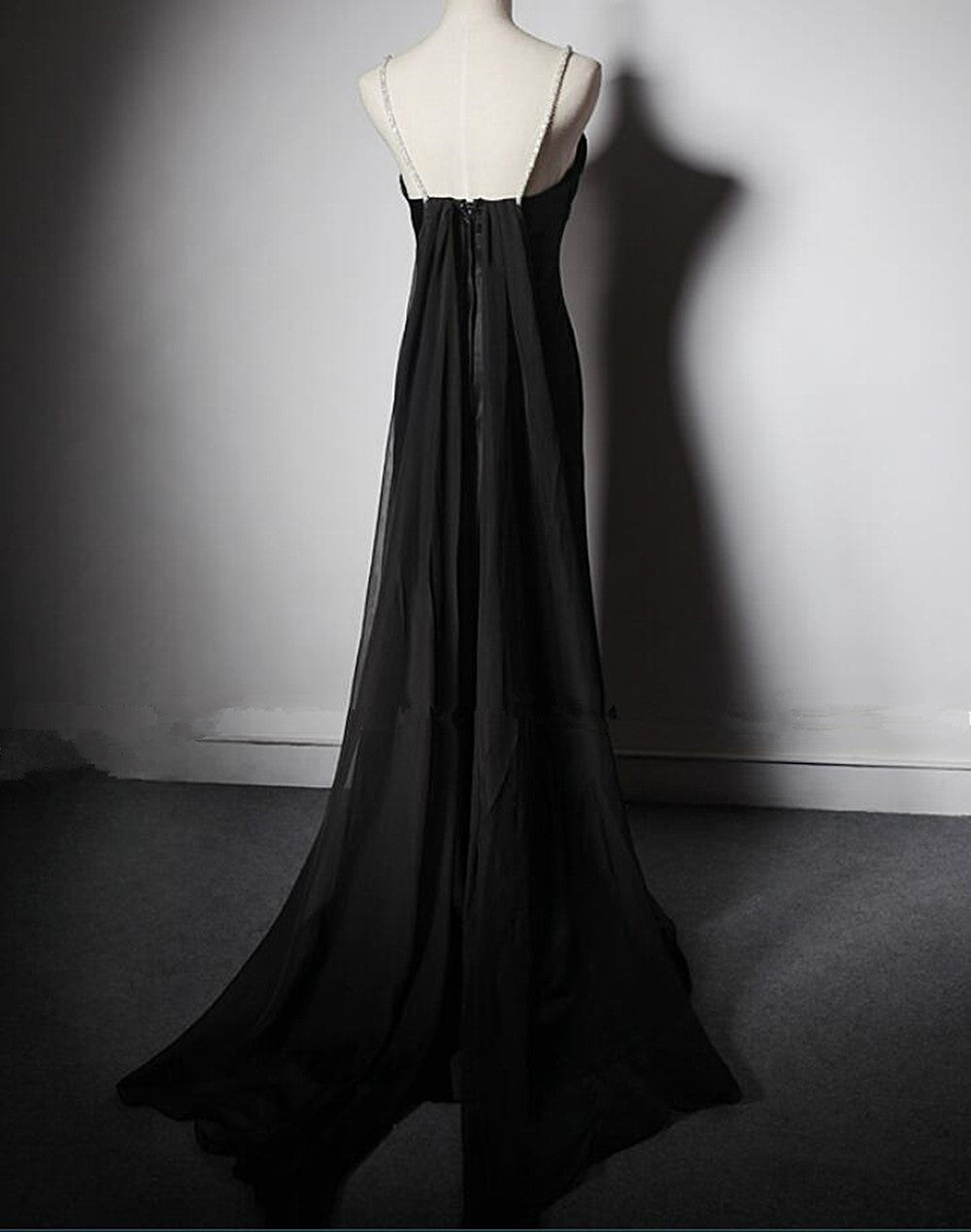 Formals Dresses Long, Black Soft Satin A-Line Floor Length Prom Dress, Black Straps Long Evening Dress