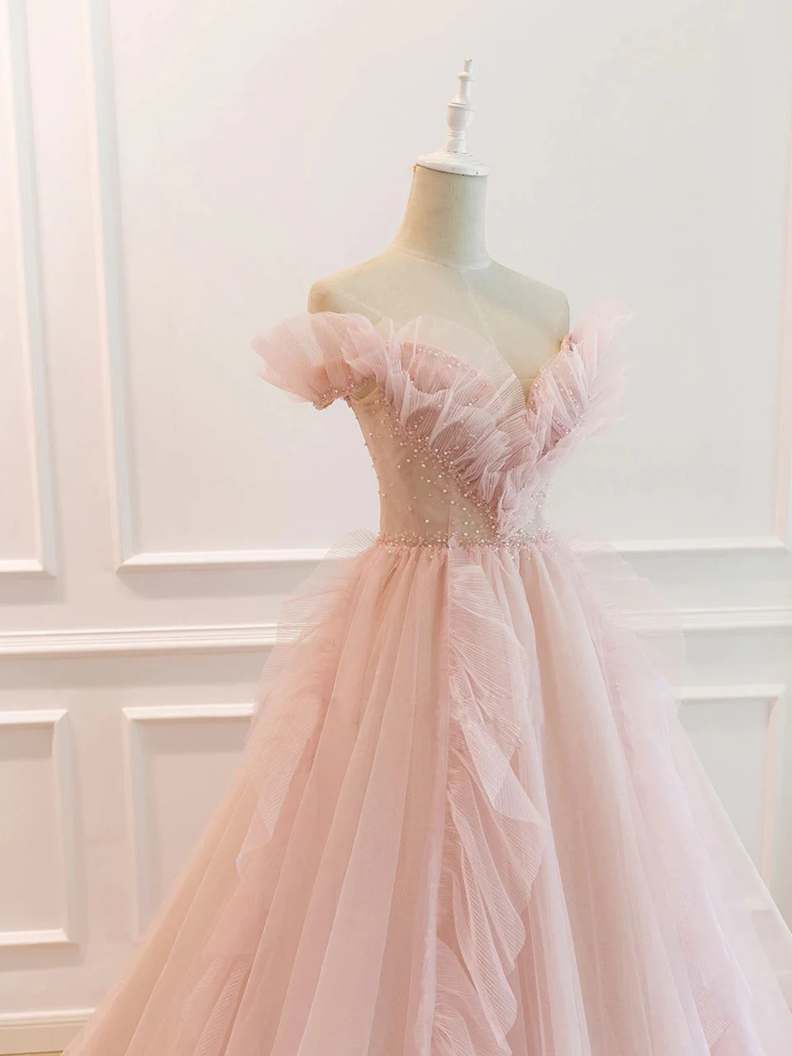 Formal Dress For Weddings, Pink Tulle Off The Shoulder A-Line Tulle Ruffles Floor-Length Prom Dress, Pink Long Party Dress