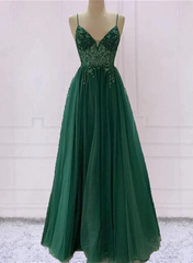 Formal Dressed Long Gowns, Green V-Neckline Beaded Tulle Floor Length Party Dress, A-Line Green Prom Dress