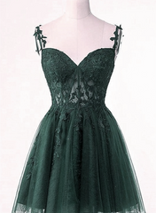Formal Dresses Long Elegant, V-Neckline Dark Green Tulle With Lace Short Homecoming Dress, Green Short Prom Dress