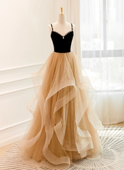 Formal Dresses Midi, A-Line Champagne Tulle Sweetheart Beaded Long Prom Dress, Tulle Layers Party Dress