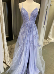 Formal Dresses For Large Ladies, Lavender Tulle V-Neckline Long Party Dress, Lavender Straps Prom Dress Formal Dress