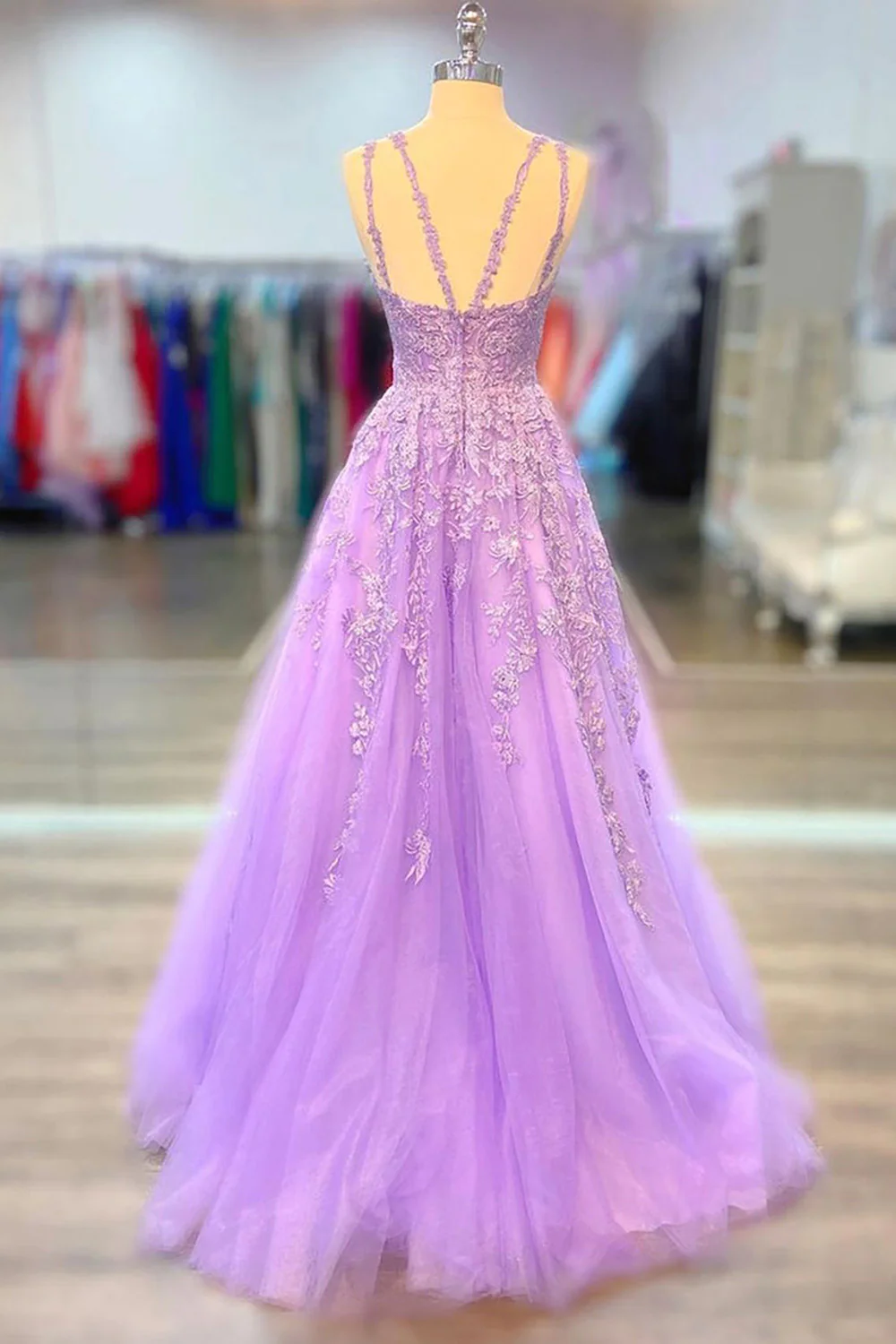 Formall Dresses Short, A-Line Tulle Princess Light Purple Prom Dress With Appliques, Tulle Straps Formal Dress