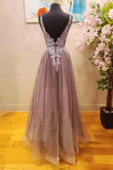 Bridesmaids Dresses Burgundy, Mauve Tulle Lace Plunge V A-Line Prom Dress with Slit