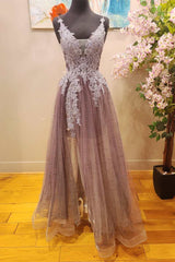 Bridesmaid Dresses Black, Mauve Tulle Lace Plunge V A-Line Prom Dress with Slit