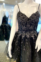 Prom Dresses For Chubby Girls, Black A-line Spaghetti Straps Appliques Short Homecoming Dress