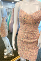 Prom Dresses For Short Girls, Pink Sequin Bodycon Homecoming Dress with Straps