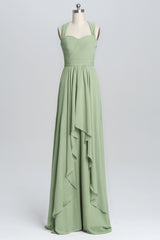 Cocktail Party Outfit, Halter Sage Pleated Ruffles Long Bridesmaid Dress