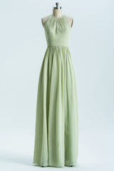 Formal Dresses To Wear To A Wedding, Sage Green Chiffon High Neck Long Bridesmaid Dress