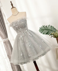 Party Dress For Summer, Gray Sweetheart Lace Tulle Short Prom Dress, Gray Cocktail Dress
