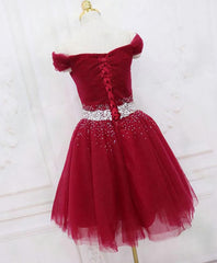 Long Dress Formal, Burgundy Tulle Sequin Short Prom Dress, Burgundy Homecoming Dress, 1