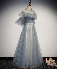 Party Dresses Weddings, Light Blue Tulle Lace Long Prom Dress, Tulle Evening Dress