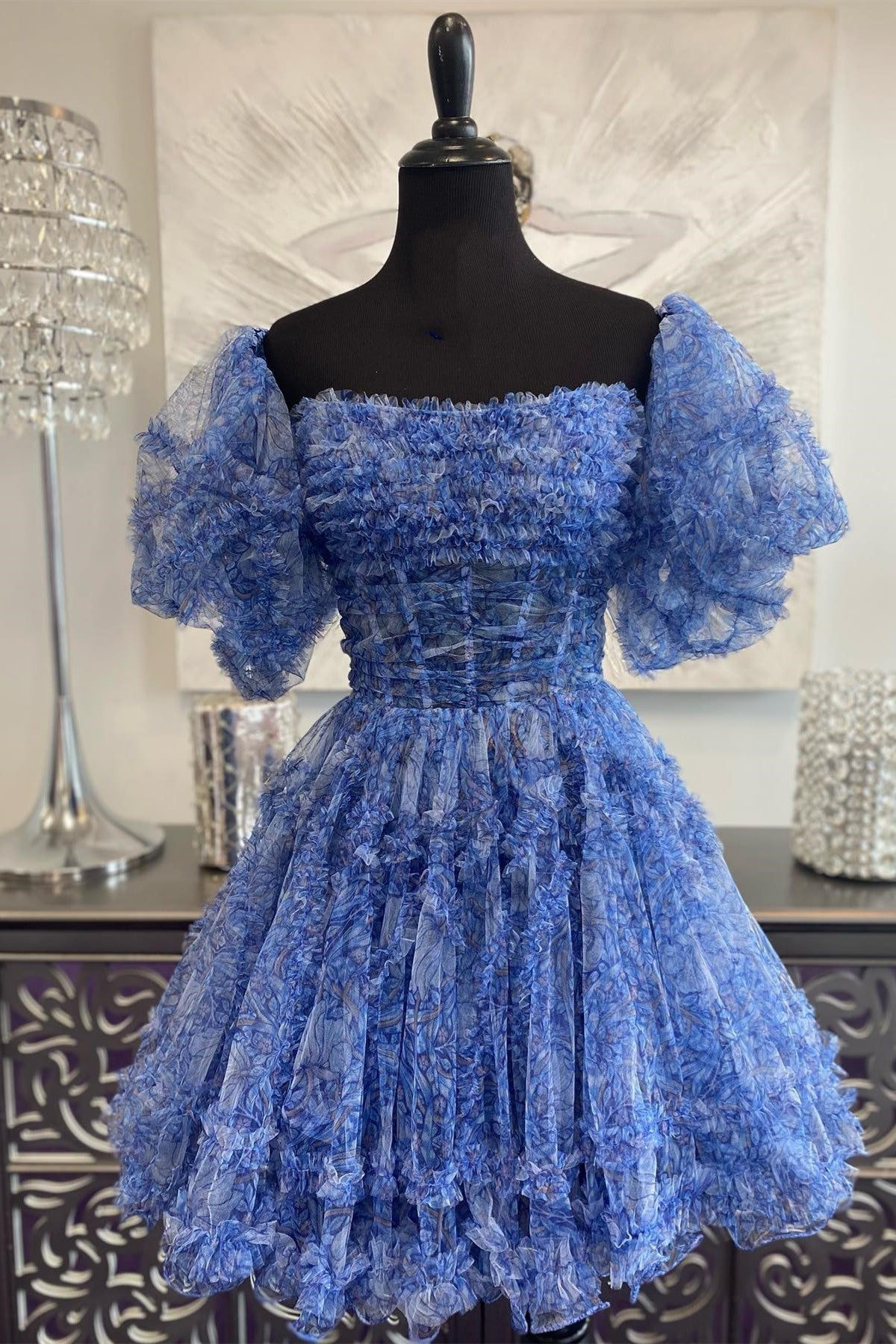 Prom Dress Vintage, Blue Puff Sleeves Ruffles A-line Prints Homecoming Dress