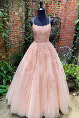 Bridesmaid Dresses Idea, Lace Appliques Pink A LineTulle Long Prom Dresses With Straps