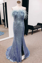 Formal Dress Attire, Sequins Feather Strapless Mermaid Long Prom Dress