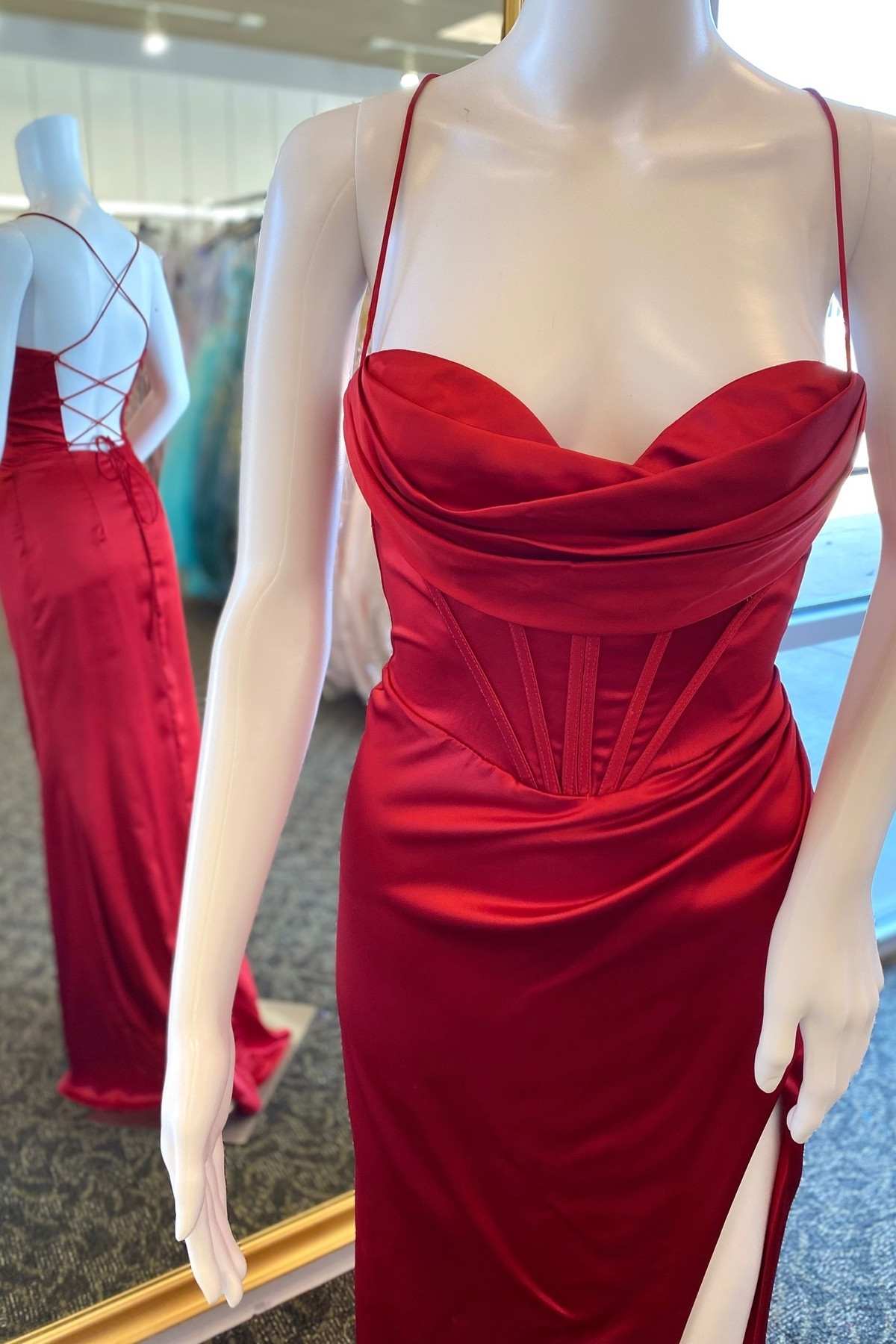 Unique Wedding Ideas, Wine Red Cowl Neck Lace-Up Back Long Prom Dress with Slit