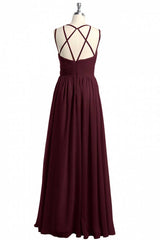 Prom Dress Short, Burgundy Chiffon Spaghetti Straps A-line Long Bridesmaid Dress