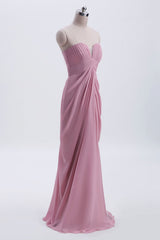 Party Dress For Girls, Strapless Blush Pink Draped High Waist Long Bridesmaid Dress