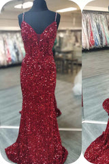 Bridesmaid Dresses Sleeveless, Mermaid Red Sequin V-Neck Lace-Up Back Prom Dress