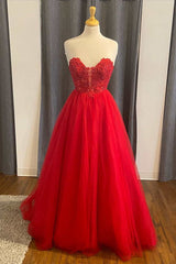 Homecoming Dress Pretty, Red Lace Tulle Sweetheart A-Line Prom Dress