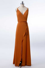Prom Dresses Ball Gown, Burnt Orange Spaghetti Straps Long Bridesmaid Dress with Slit