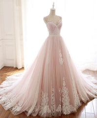 Party Dresses Stores, Pink Sweetheart Lace Tulle Long Prom Dress, Lace Pink Evening Dress