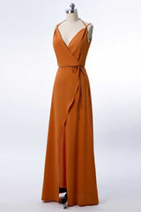 Prom Dress Long, Burnt Orange Spaghetti Straps Long Bridesmaid Dress with Slit