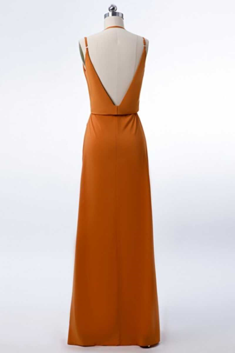 Prom Dresses Vintage, Burnt Orange Spaghetti Straps Long Bridesmaid Dress with Slit
