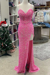 Party Dress Open Back, Hot Pink Sequin Sweetheart Long Prom Dress with Slit
