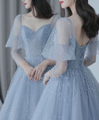 Bridesmaids Dresses Websites, Blue V Neck Tulle Sequin Long Prom Dress, Blue Tulle Formal Dress, 1