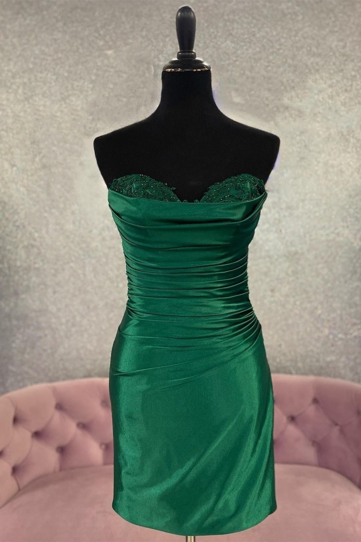 Party Dresses For Short Ladies, Hunter Green Strapless Beaded Pleated Sheath Homecoming Dress