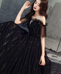 Bridesmaid Dress Dusty Blue, Black Tulle Off Shoulder Long Prom Dress, Black Formal Dress