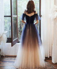 Bridesmaids Dress Styles Long, Blue Sweetheart Tulle Off Shoulder Long Prom Dress, Blue Evening Dress