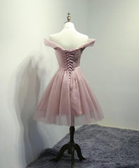 Fall Wedding, Simple V Neck Tulle Off Shoulder Short Prom Dress, Pink Homecoming Dress