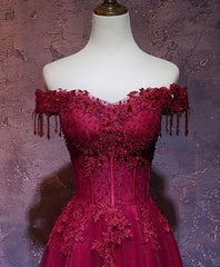 Formal Dresses For Teens, Burgundy Tulle Lace Off Shoulder Long Prom Dress, Burgundy Lace Evening Dress