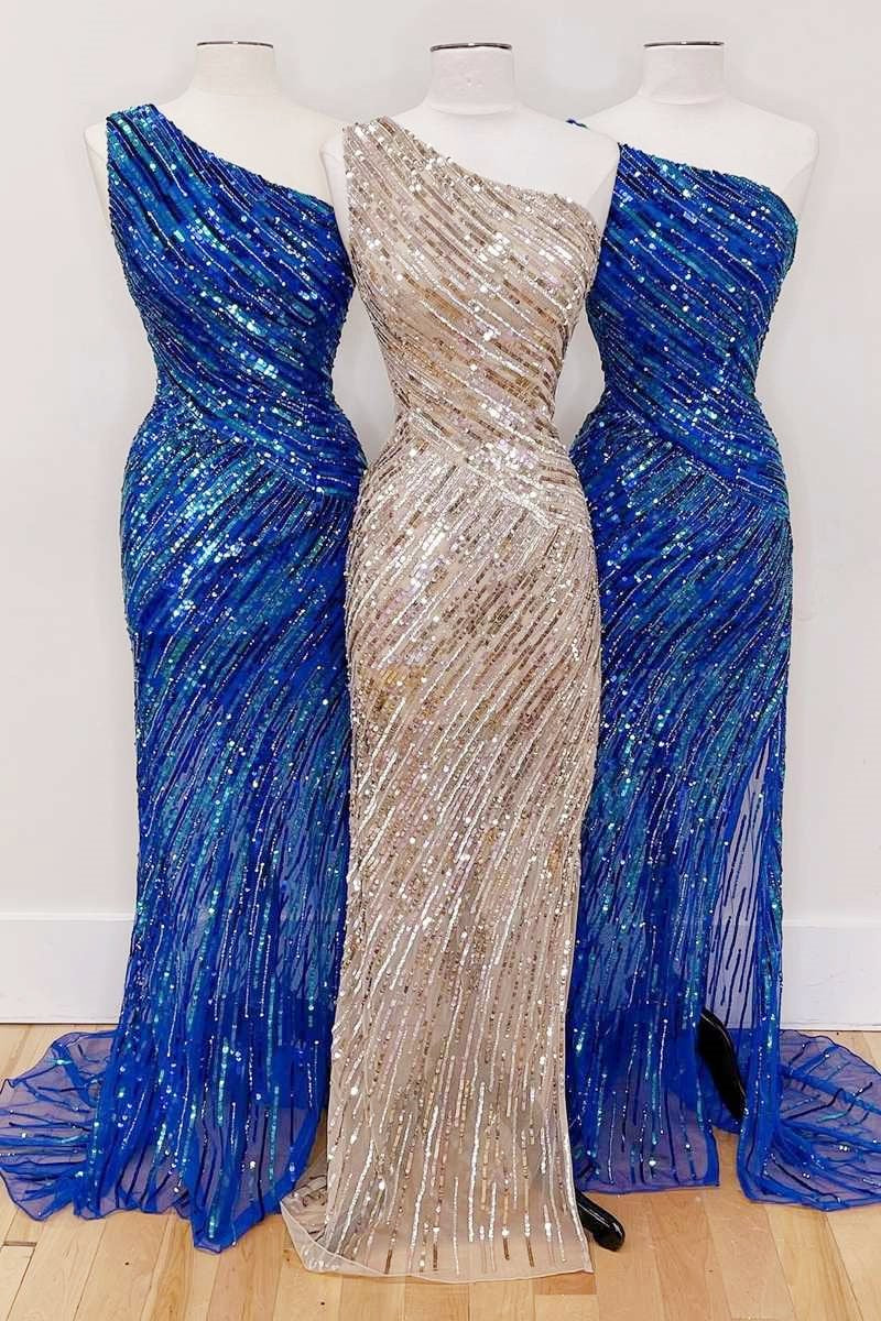 Formal Dress Fashion, Sequins One-Shoulder Mermaid Long Prom Dress with Slit