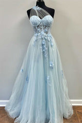 Wedding Guest Outfit, One-Shoulder Light Blue Tulle 3D Floral Lace A-Line Prom Dress